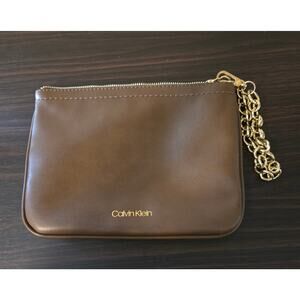 Calvin Klein faux leather wristlet clutch in brown with a detachable gold chain.